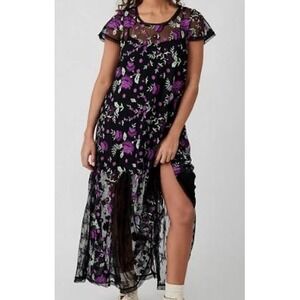 Free People Sky Bright Maxi Black & Purple Floral Embroidered Dress SIZE XS